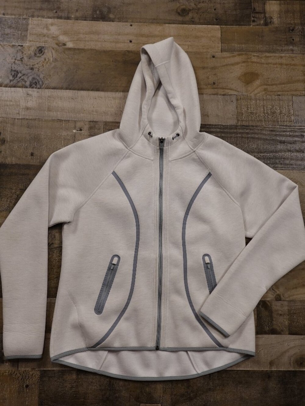 Athleta Fuse Jacket Women’s XL Cream Gray Full‎ Zip Scuba Hoodie Athleisure